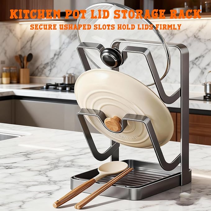 2026 New Kitchen Pot Lid Storage Rack, Multifunctional Pot Lid Organizer Rack, Lid Holder While Cooking, Lid And Spoon Rest, Thickened Carbon Steel Material, Higher Load-Bearing And Stability (Grey)