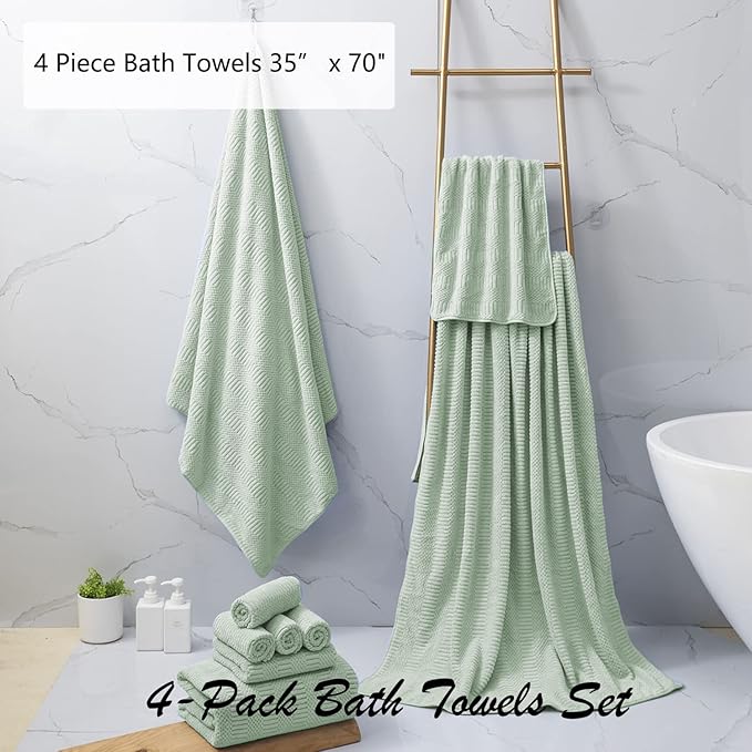 Oliven 4 Pcs Green Large Bath Towel Set 35"x70" Extra Large Bath Sheets Oversized Jumbo Towels for Bathroom 600GSM Soft Highly Absorbent Quick Dry Beach Chair Towel Woven Towels for Hotel and Spa