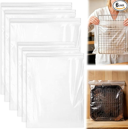 6-Pack Heavy Duty Oven Rack Cleaning Bags, Reusable No-Scrub Soaking Bags for Grill Grates & BBQ Racks, Leak-Resistant PE Material