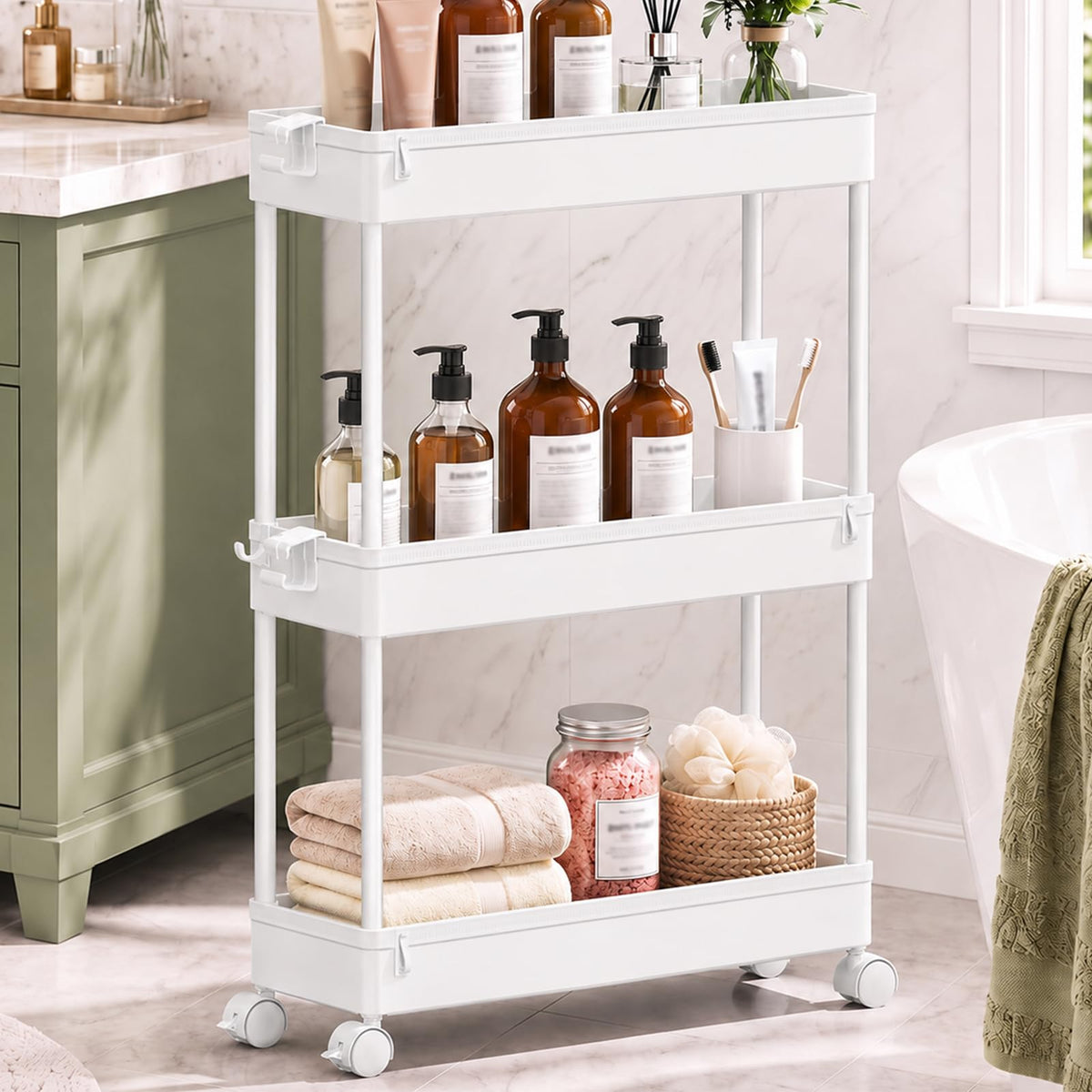 SPACEKEEPER Slim Rolling Storage Cart, 3 Tier Bathroom Cart - Image 1