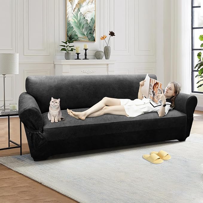 Couch Cover Leather Look 3 Seater Couch Sofa Cover 1-Piece Sofa Slipcover Stretch Furniture Protector with Elastic Bottom & Pockets(Sofa, Dark Grey)