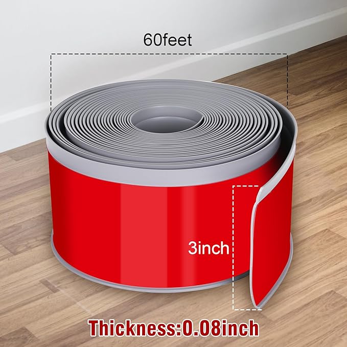 Vinyl Baseboard Molding Trim 3 Inch x 60 Feet Peel and Stick Baseboard Trim Flexible PVC Cove Base Moulding Self-Adhesive Trim for Garage Bathroom Cabinet Floor Walls, Gray