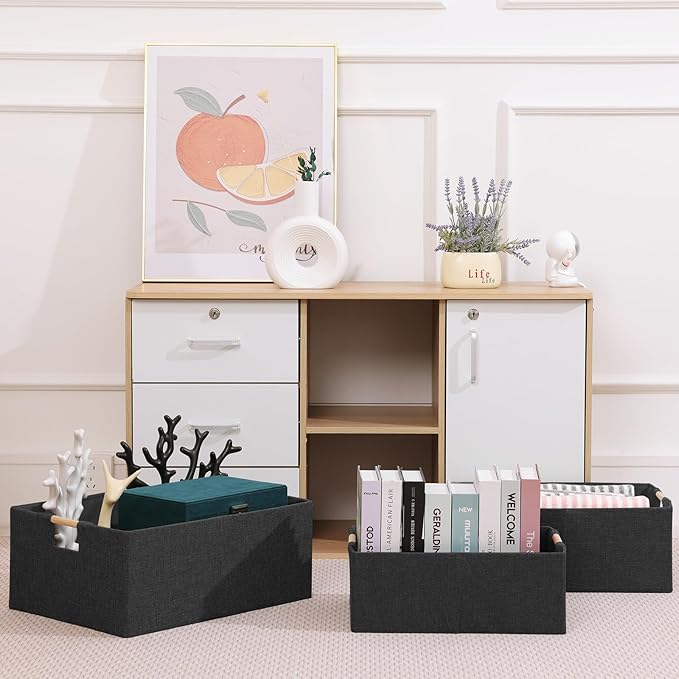 ANMINY 4PCS Storage Baskets for Organizing Collapsible Fabric Storage Bins Boxes with Wood Handles Closet Shelves Cube Organizer Bins Clothes Laundry Storage Container - Large, Black