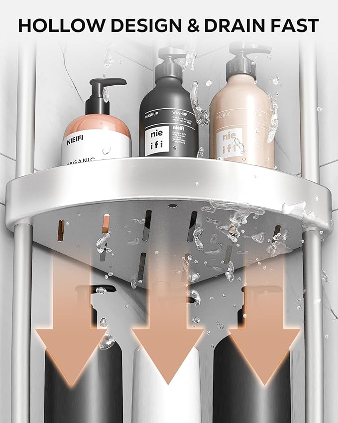 Nieifi Corner Shower Caddy Stand-3 Tier Rustproof Anodized Aluminum Standing Shower Organizer-Shower Caddy Corner-Dual Stability to Anti-Shaking-Height-Adjustable Legs for Uneven Surfaces-Silver