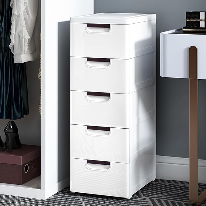 Plastic Drawers Dresser Storage Cabinet with Wheels,5 Drawer Stackable Vertical Clothes Storage Tower,Organizer Unit for Bathroom Entryway Bedroom Living Room,White