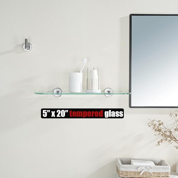 JQK Bathroom Glass Shelf, Floating Tempered Glass Shower Storage 20 by 5 inches, 304 Stainless Steel Polished Chrome Wall Mount 2 Pack 2 Pack, TGS121L20-CH-P2