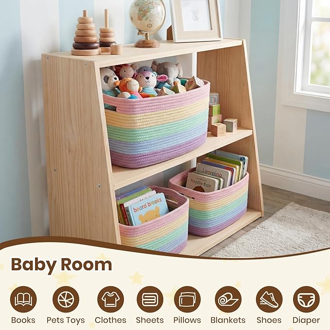 Storage Baskets for Organizing, 14 x 10 x 9” Closet Shelf Woven Baskets, Square Bins with Handles, Cotton Rope Basket for Toys, Clothes, Office, Room, Rainbow 1 Pack