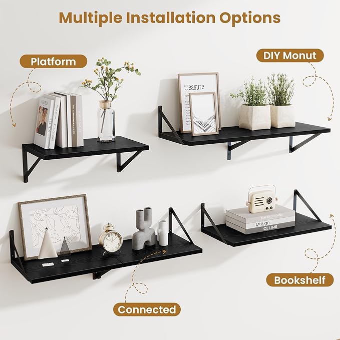 Deep Floating Shelves,24" Wx10 D Floating Shelf for Wall Set of 2,Hanging Storage Shelf with Metal Brackets,Wide Display Wall Shelves for Living Room,Bedroom,Bathroom,Kitchen,Black