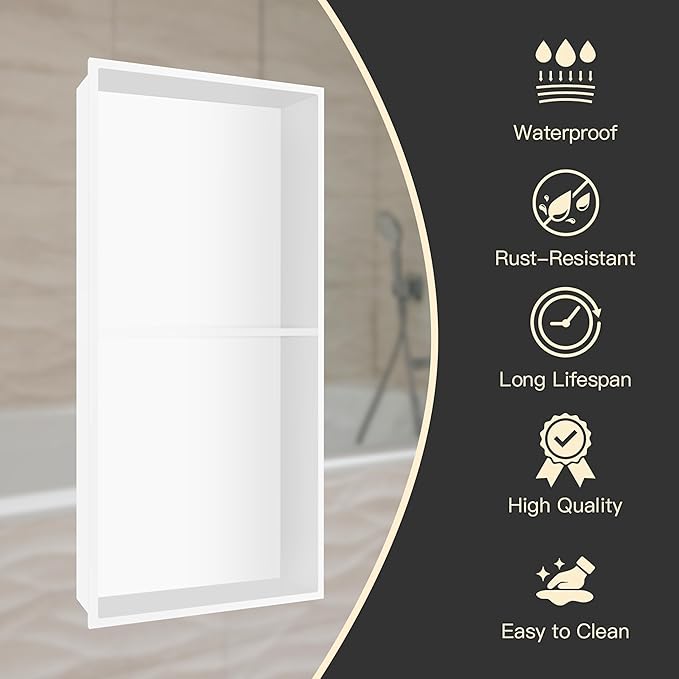 Homevacious 12"×24" Stainless Steel Shower Niche No Tile Needed White Double Shelves Bathroom Shelf Rimless Recessed Wall Niche for Bathroom Storage