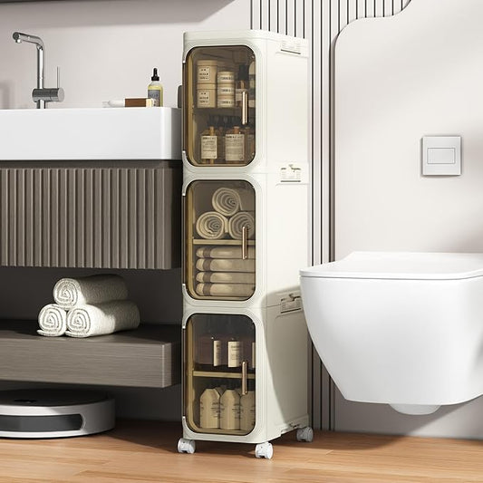 3 Tier Slim Bathroom Storage Cabinet, Narrow Organizer with Wheels and Toilet Paper Holder, Waterproof, No Assembly Required, Perfect for Small Spaces in Bathroom, Kitchen and Bedroom