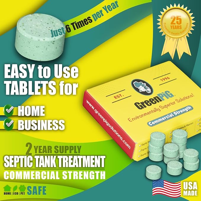 Green Pig Septic Tank Treatment Pucks – Enzyme & Bacteria-Based Treatment for Preventative Septic Maintenance, Helps Reduce Odors & Buildup, 2-Year Supply (12 Pucks)