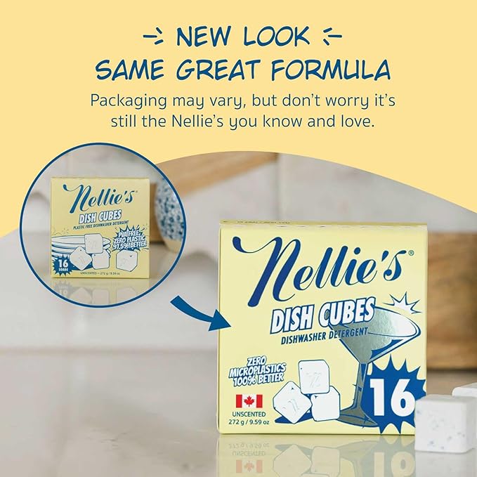 Nellie’s Dish Cubes – 64-Pack (4 Boxes of 16 Cubes) – Compact Dishwasher Detergent – Space-Saving, Plastic-Reduced Packaging – Tough on Grease and Grime – Made in Canada
