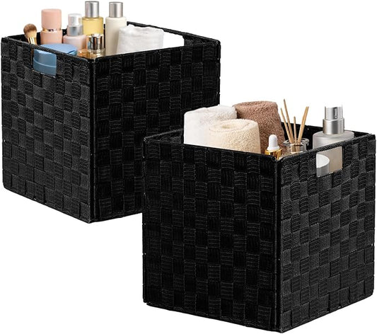 2-Pack Collapsible Ribbon Woven Storage Bins with Metal Structure, Shelf Basket, Pantry Organizer, Home Decorative Utility Cubes (11 x 11 x 11 in, Black)