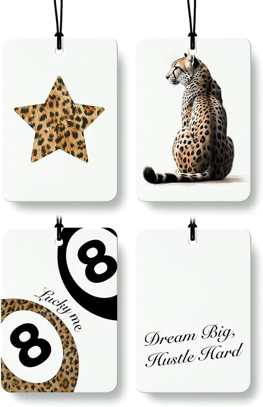 Trendy Retro Leopard Lucky 8 Ball Car Air Freshener 4 Pcs, Girly Cheetah Print Star Hanging Air Freshener for Cars Closet Drawer Books, Cute Girly Car Accessories Mirror Decor for Women