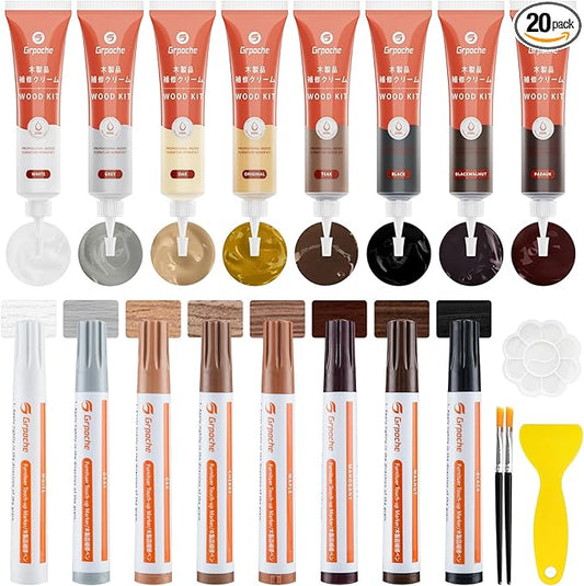 Wood Furniture Repair Kit, 8 Colors Wood Filler Touch Up Markers with Wax Sticks, Markers Furniture Repair Scratches, Cracks, Discoloration On Door, Cabinet, Laminate Floor Repair Kit Touch Up Paint