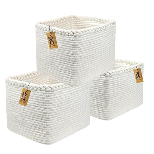 COMFY-HOMI 3Pack Small Woven Cotton Rope Basket for Organizing, Gift Baskets for Handles, Empty Gift Baskets, Medium Rope Basket|13.5" x 11" x 9.5" home decor for Living Room, Bathroom