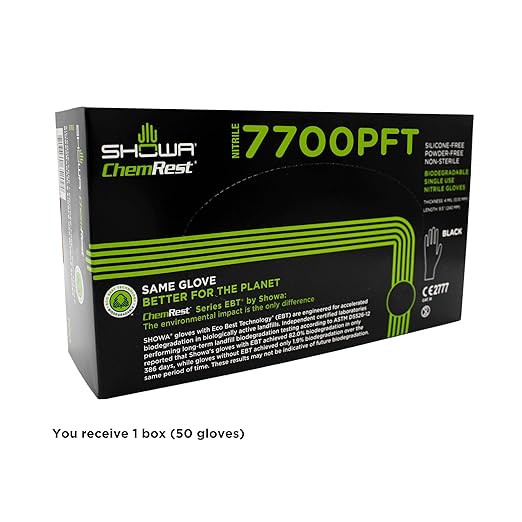 SHOWA 7700PFT Sustainable EBT Latex-Free, Powder-Free, Accelerator-Free, Nitrile Disposable Single Use Safety Gloves, 4 Mil, 9.5" Length, X-Large (1 Box/50 Gloves)