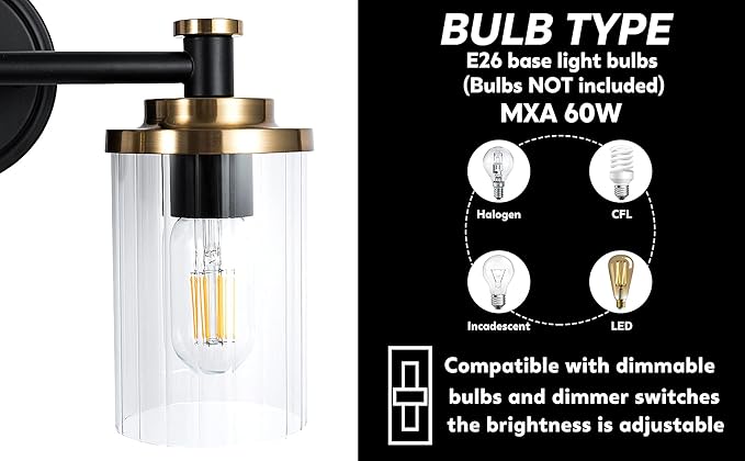 Bathroom Lighting Fixtures Black and Gold Bathroom Vanity Light with Cylindrical Clear Stripes Glass Lampshade E26 Socket Base Bathroom Lighting Fixtures Over Mirror (2 Lights)