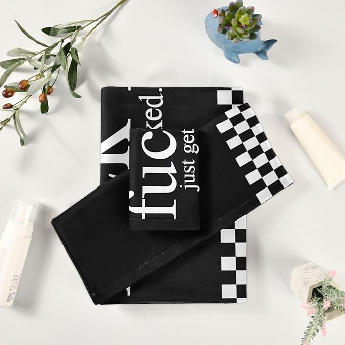Black and White Checkered Bath Towels Set,Ultra Soft 3 Piece Funny Quotes Get Naked Towels for Bathroom,1 Bath Towel 1 Hand Towel 1 Washcloth,Absorbent Quick Dry Decoractive Bathroom Towels