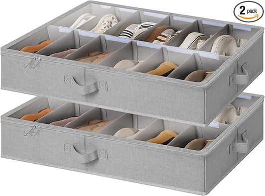 StorageWorks Shoe Organizer for Closet, Fits up to 24 Pairs, 2-Pack Ultra-thick Fabric Under Bed Shoe Storage Containers with Bottom Support and Adjustable Dividers, Grey