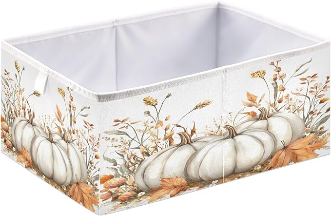 White Pumpkins and Fall Flowers Leaves Autumn Colors O Closet Organizers Storage Cubes Storage Bins Shelf Baskets Containers for Home Room Office,Square