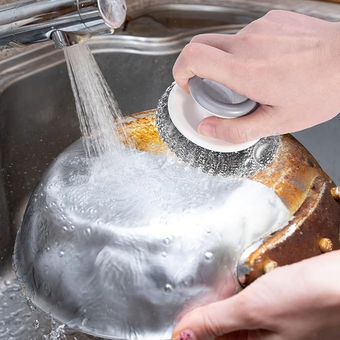 4 pcs Stainless Steel Scrubber with Handle，Heavy Duty Pot Scrubbers Dish Scrubber Cleaning Brush Wash for Dish