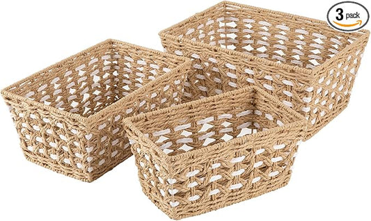 OIAHOMY Wicker Storage Baskets, Paper Rope Shelf Bins, Decortive Baskets for Organizing, Set of 3-Yellow & White