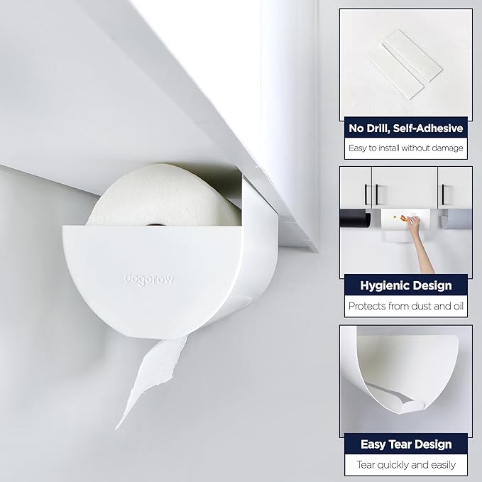 Paper Towel Holder - Under Cabinet, No-Drill Self-Adhesive Hanging Rack, Easy Tear, Space-Saving Sleek Metal Kitchen Roll Dispenser, Wall-Mount Look, Kitchen Storage & Organization - White