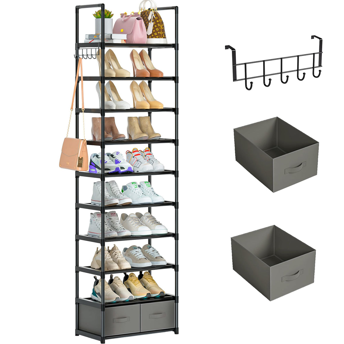 OYREL Tall Shoe Rack Narrow 10 Tier Shoes Rack 20 25 Pairs + 2 - Image 1