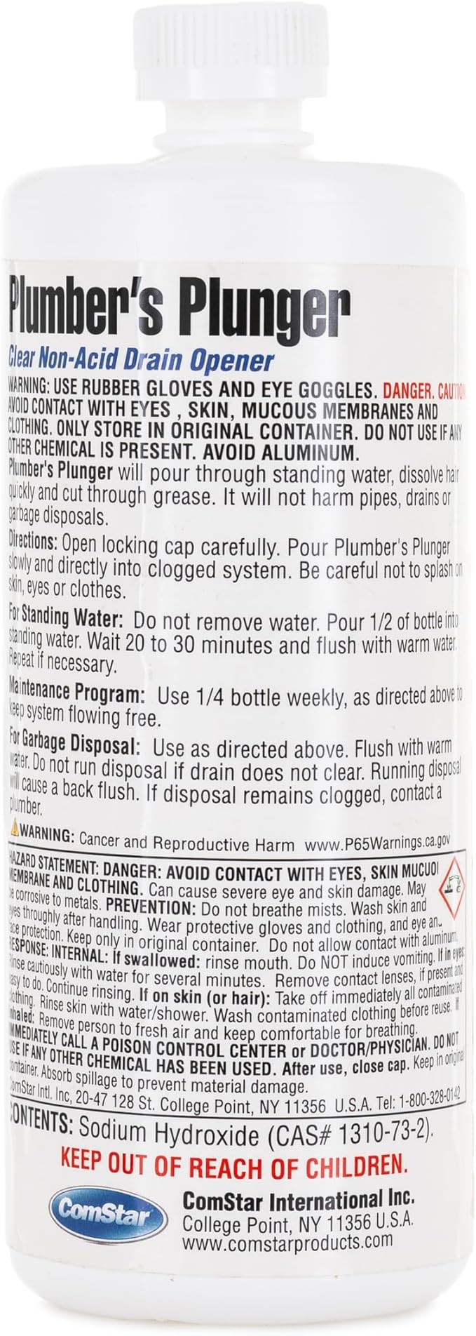 ComStar Plumber’s Plunger, Liquid Drain Opener, Frees Clogged Drains Fast, Dissolves Hair Grease Soap & Organic Matter, Safe For Pipes, Concentrated Heavy Duty Drain Cleaner, (1 Quart)