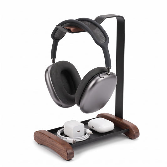 Walnut Headphone Stand,Wood Headset Holder with Storage for Desk - Image 1