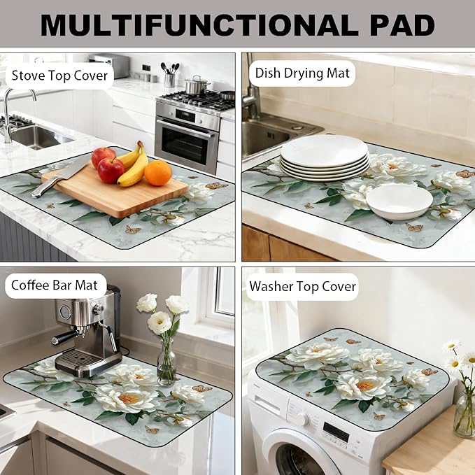 Glass Stove Top Covers for Electric Stove, Heat Resistant Counter Protector Mat, Non Slip Waterproof Surface Cover for Kitchen Counter and Cooktop (White Peonies, 28"L x 20"W)