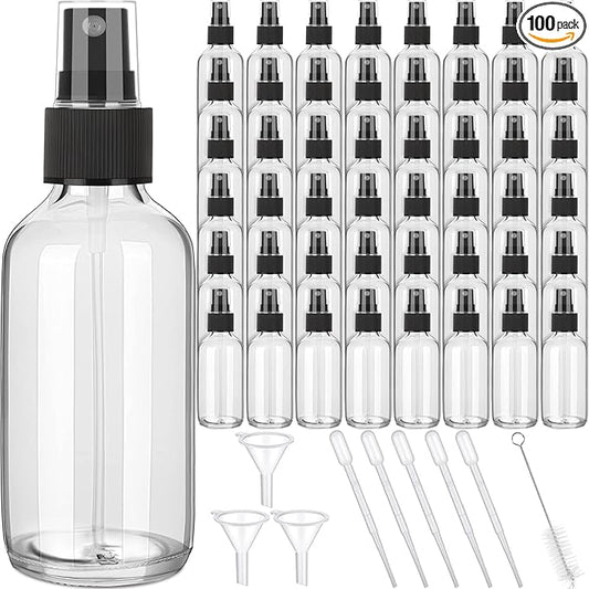 Yungyan 100 Pcs 4 oz Mini Glass Spray Bottles Empty Small Essential Oil Bottles Fine Mist with 3 Funnel 5 Dropper Cleaning Brush for Hair Travel Plants Perfumes(Clear)