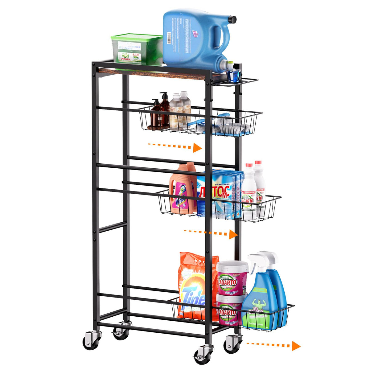 4 Tier Slim Rolling Storage Cart with Pull-Out Baskets, Narrow - Image 1