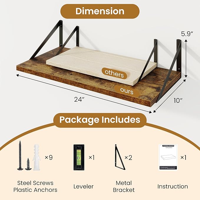 Deep Floating Shelves,24" Wx10 D Floating Shelf for Wall Set of 2,Hanging Storage Shelf with Metal Brackets,Wide Display Wall Shelves for Living Room,Bedroom,Bathroom,Kitchen,Rustic Brown