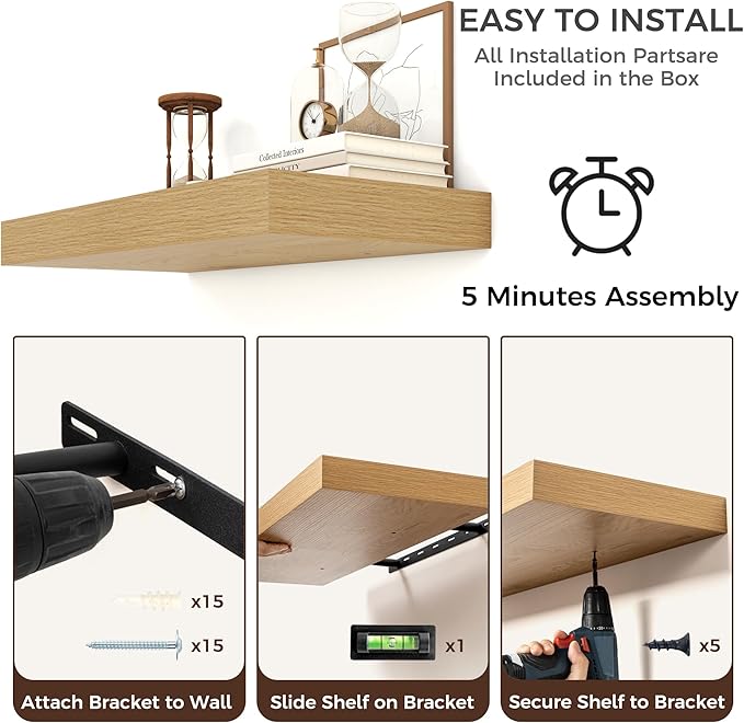 Floating Shelves for Wall, 24 Inch Wide x 12 Inch Deep Floating Shelves, Long Wood Floating Wall Shelf Shelves for Living Room Bathroom Bedroom Kitchen Home - (Oak, 24" W x 12" D x 2" H)