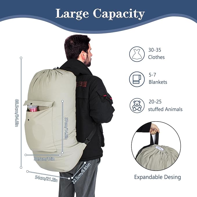 Sanlykate Canvas Backpack Laundry Bag - Extra Large Durable Dirty Clothes 2-3 Days Capacity with Adjustable Shoulder Strap & Front Pocket, for College Dorm, Apartment, Laundromats, Camping Travel