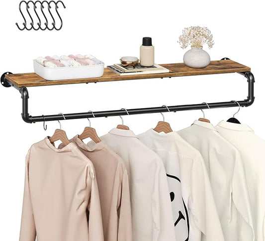 Pipe Clothes Rack, 43.3 in Wall Mounted Garment Rack with Top Shelf, Industrial Clothing Rack with Hanging Rod, Heavy Duty Detachable, Space Saver Hanging Clothes Rack, Rustic Brown FS11BRY1