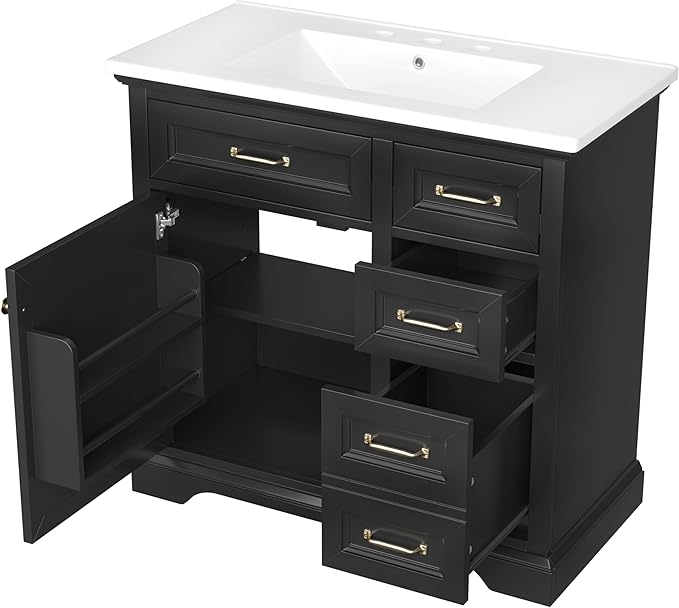 Christopher Knight Home Meril Bathroom Vanity with Ceramic Sink, Wooden Bathroom Storage Cabinet, Pedestal Sink Storage Cabinet, Bathoom Vanity Organizer, Adjustable Door Shelves+Drawer, Black