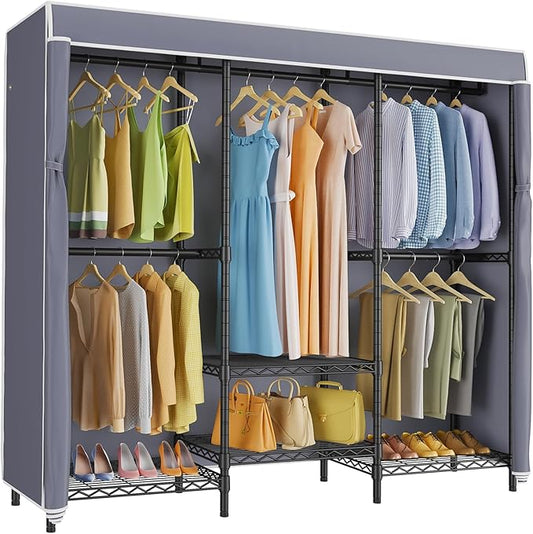 VIPEK V5C SE Covered Garment Rack Heavy Duty Clothes Rack with Cover and Adjustable Shelves, Freestanding Portable Closet Racks Clothes Storage Wardrobe Closets, Black Clothing Racks with Grey Cover