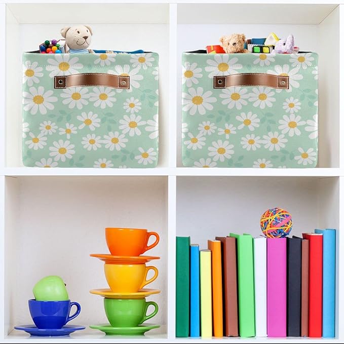 Daisy Flower Mint Green Rectangle Storage Basket Collapsible Storage Bin for Nursery Books Waterproof Baskets for Closet Shelves Bedroom Decor