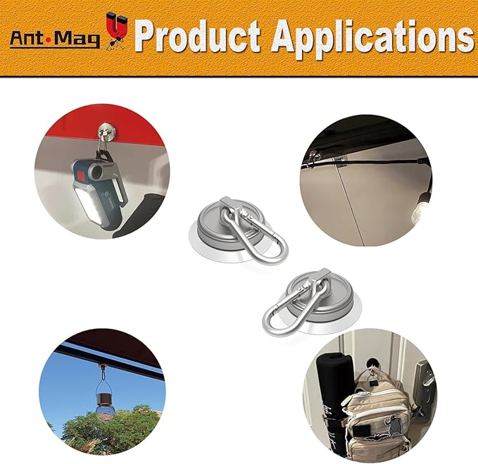 Ant Mag Magnet Hooks 160LBS with Suctions Heavy Duty Neodymium Magnet with Swivel Carabiner Snap Hook for Indoor/Outdoor Hanging Bag Kitchen Garage Cruise Ship (2 Pack)