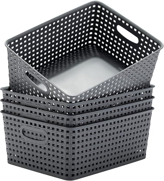 Plastic Storage Baskets for Organizing,11"X8.5"X4.7",Pack of 4 (Grey)