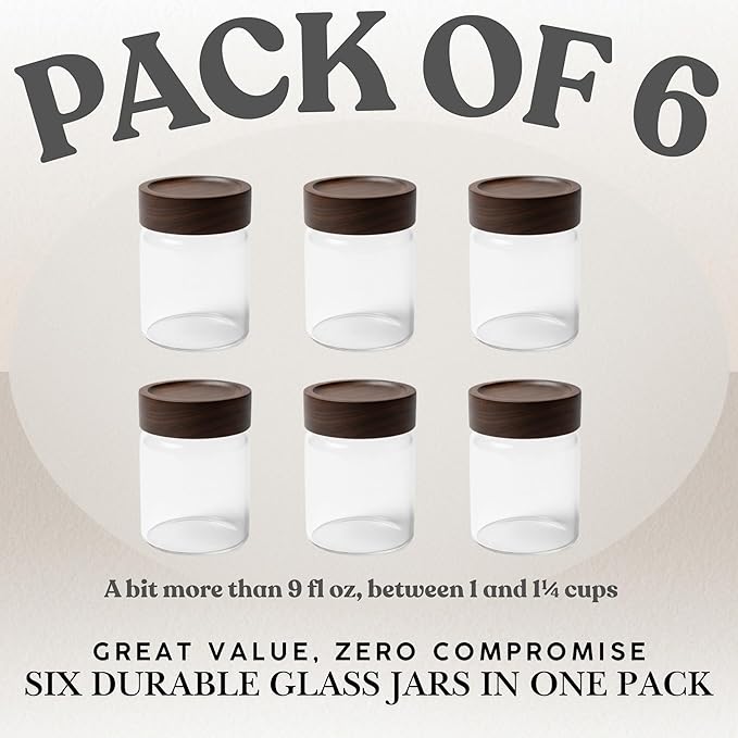 Wide Mouth Glass Storage Jars With 3" Acacia Wood Lids - 6 Pack of 9.1 Oz Airtight Food Storage Containers - Borosilicate Glass Canisters for Kitchen - Pantry Organizers and Storage for Rice Coffee