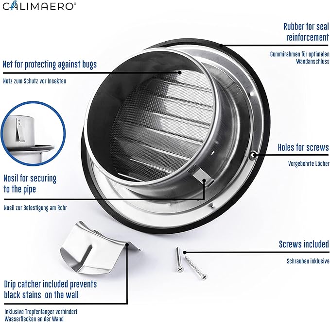 calimaero® KWG 5 inch Round Stainless Steel Ventilation Grill Hood with Rubber Seal Fits only with Metal Ducts