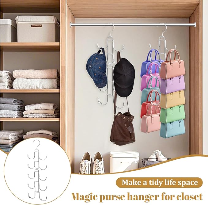 3Pack Purse Organizer for Closet, Stainless Steel Purse Holder Bag Hanger, Hanger Rack Space Saver with 10 Big Hooks for Handbags Belt Scarves Organizer&Display, 360 Degree Rotation