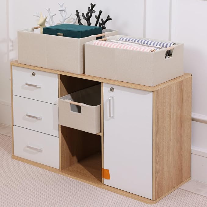 ANMINY 2PCS Storage Baskets for Organizing Collapsible Fabric Storage Bins Boxes with Wood Handles Closet Shelves Cube Organizer Bins Clothes Laundry Storage Container - Small, Beige