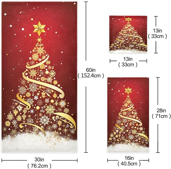 Pfrewn Golden Snowflakes Christmas Tree Forest Towels Set of 3 Winter Red Snowy Christmas Bathroom Towel Soft Absorbent Bath Hand Towels Washcloth Guest Towel Sets Xmas Holiday Decor