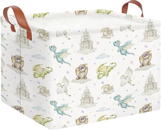 CLOCOR Rectangular Storage Basket Empty,Gift Basket,Waterproof Storage Bin with Handles,Room Decor(Castle Dinosaur)