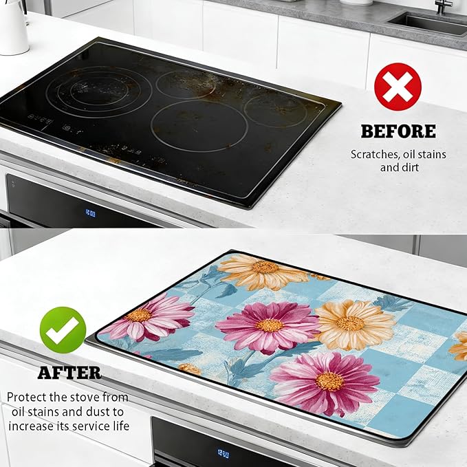 Glass Stove Top Covers for Electric Stove, Heat Resistant Counter Protector Mat, Non Slip Waterproof Surface Cover for Kitchen Counter and Cooktop (Vintage Daisy Patchwork, 28"L x 20"W)